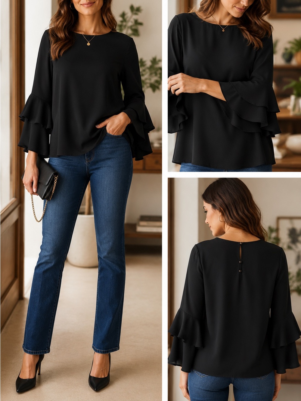 J. Crew Black Layered Ruffle Sleeve Blouse Back‎ Button Top